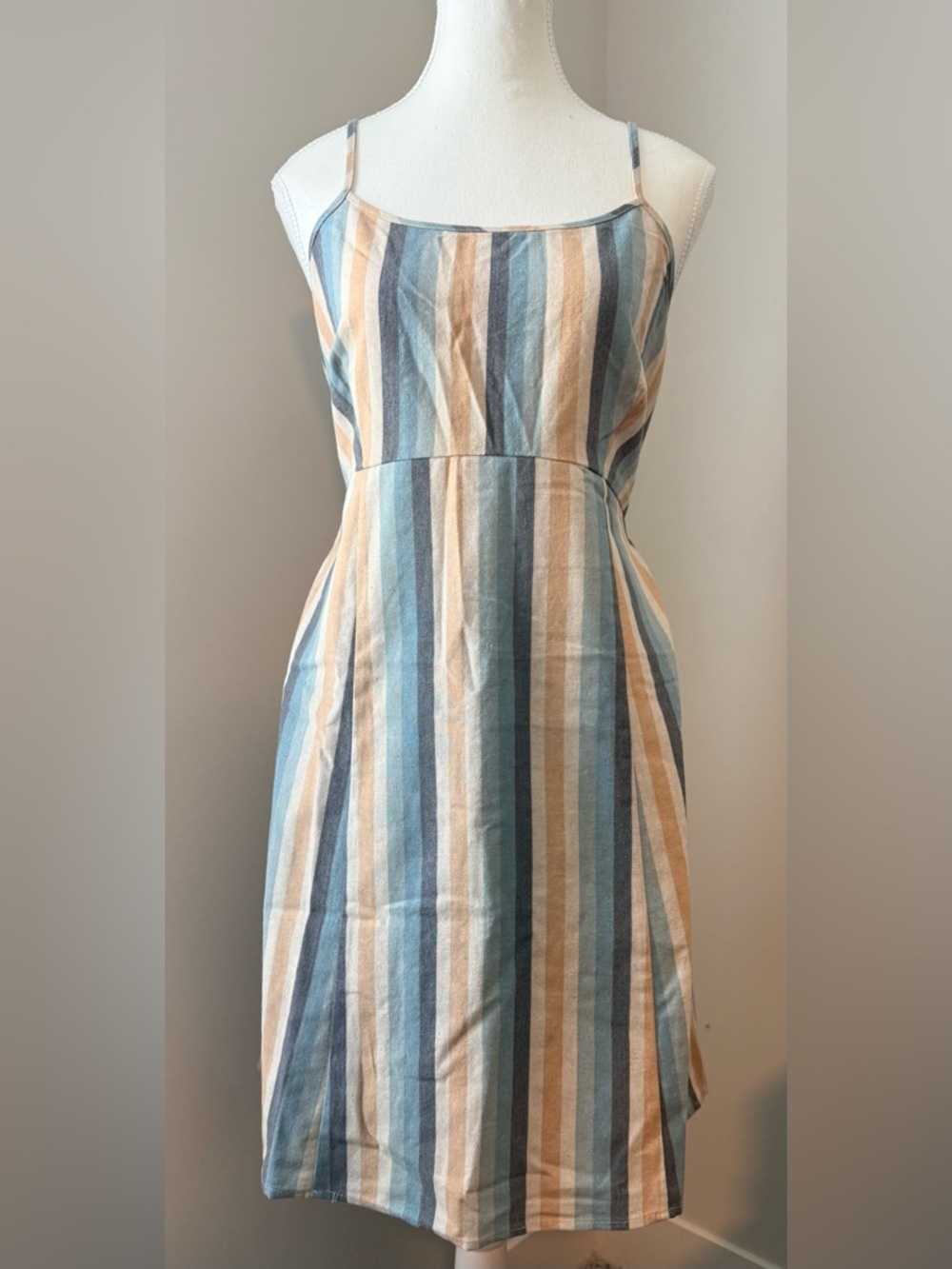 Anthropologie Knot Sisters Linen Blend Striped Tie Back Cutout Dress Large NWT